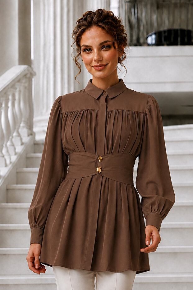 Wide Belted Shirt S0134 Brown