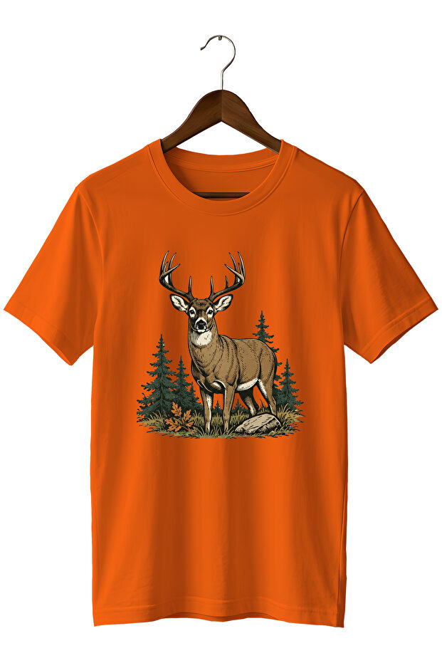 Deer Printed Unisex T-Shirt – Hunter Outdoor Nature Camping Themed Crew Neck Regular Fit