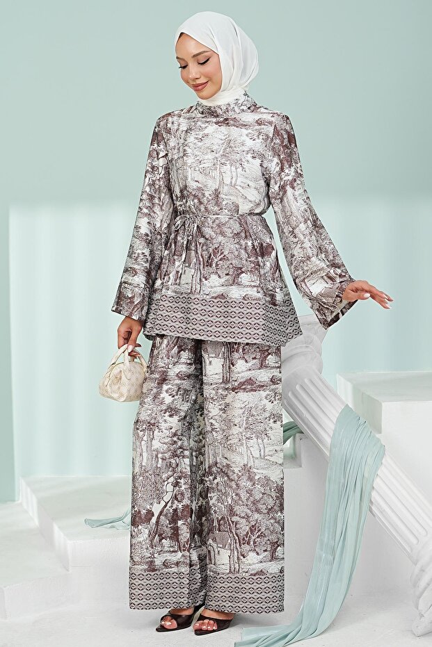 Brown Patterned Tunic Trouser Suit