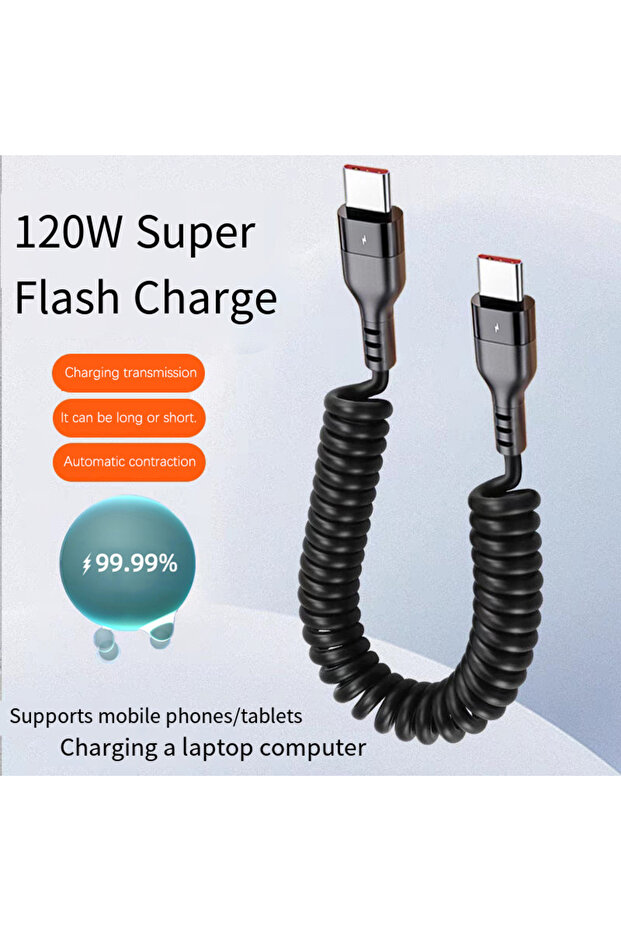 كابل زنبركي قابل للسحب بطول 1 متر، أسود اللون، يدعم الشحن السريع بقوة 120 واط عبر منفذ USB-C، متوافق مع آيفون 16/17