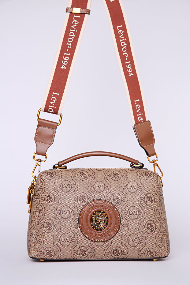 Monogram Printed Double Pocket Double Strap Stylish Logo Detailed Women's Hand and Shoulder Bag Camel