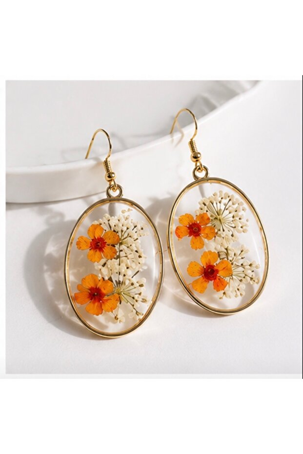 Gold Oval Pressed Flower Resin Dangle Earrings
