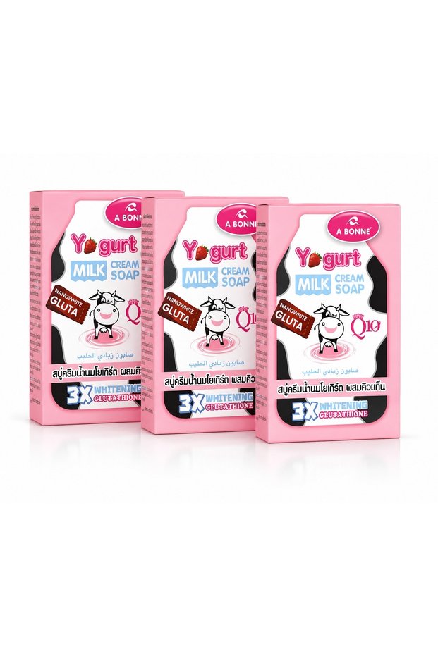 Pack of 3 / A Bonne Yogurt Milk Cream Soap with NanoWhite Gluta & Coenzyme Q10, Moisturizing Face & Body Cleansing Bar, Creamy Lather, Daily Skin Care, 100gx3