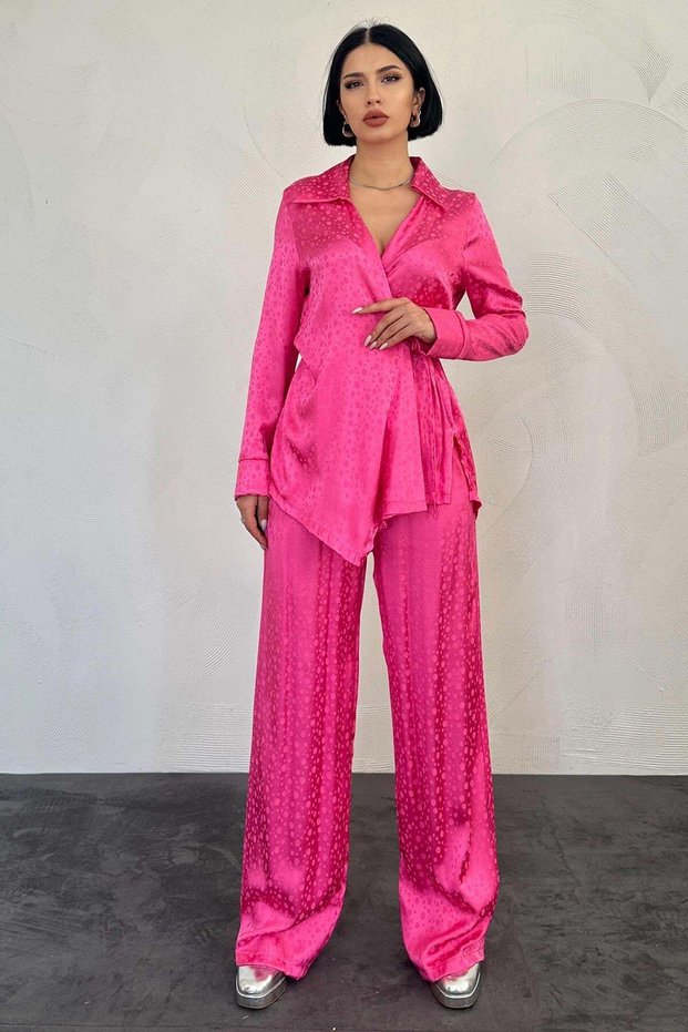 Women's Pink Top and Bottom Set Jacquard Ribbed Tie-Up Shirt Collar Wide-Leg Pants Set