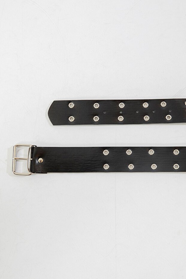 Women's Black Leather Belt with Double Row Metal Eyelet Buckle 120 cm