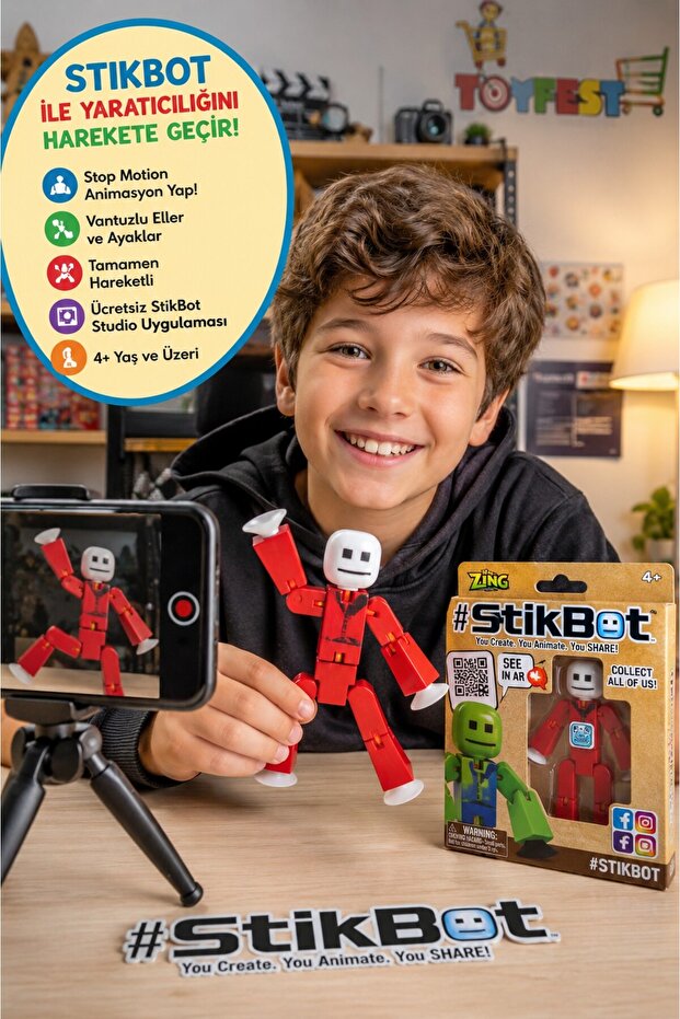 Stikbot Stop Motion Animation Figure Red Movable Robot Toy with Suction Cup 8 cm