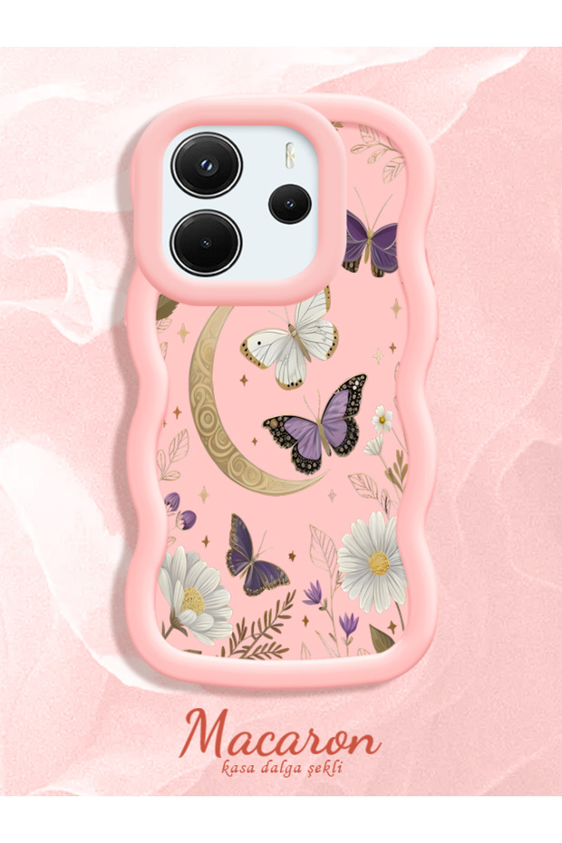 Redmi Note 14 4g Compatible Wavy Frame Moon Butterfly and Flower Pattern Silicone Phone Case