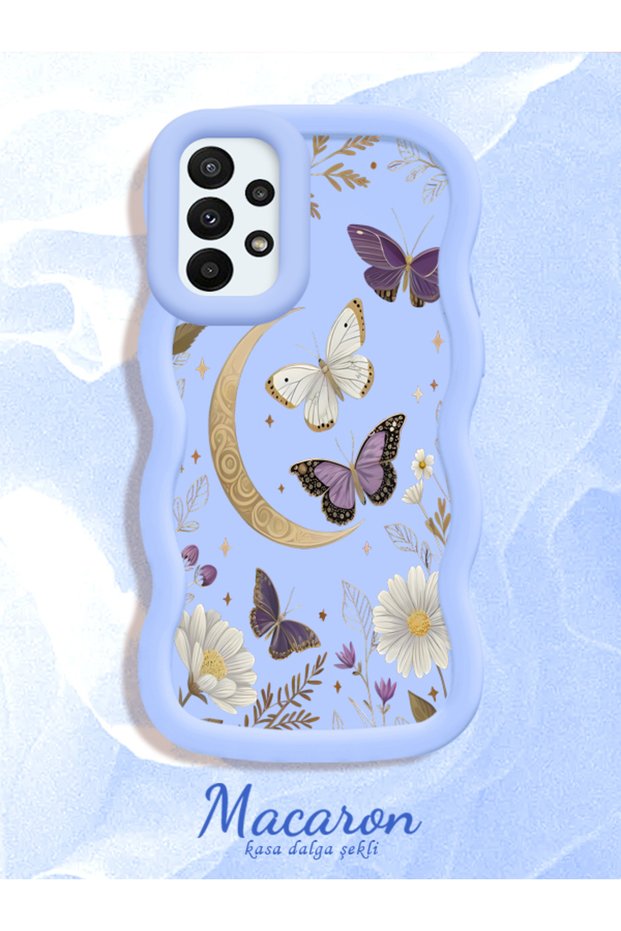 Samsung Galaxy A23 Compatible Wavy Frame Moon Butterfly and Flower Patterned Silicone Phone Case