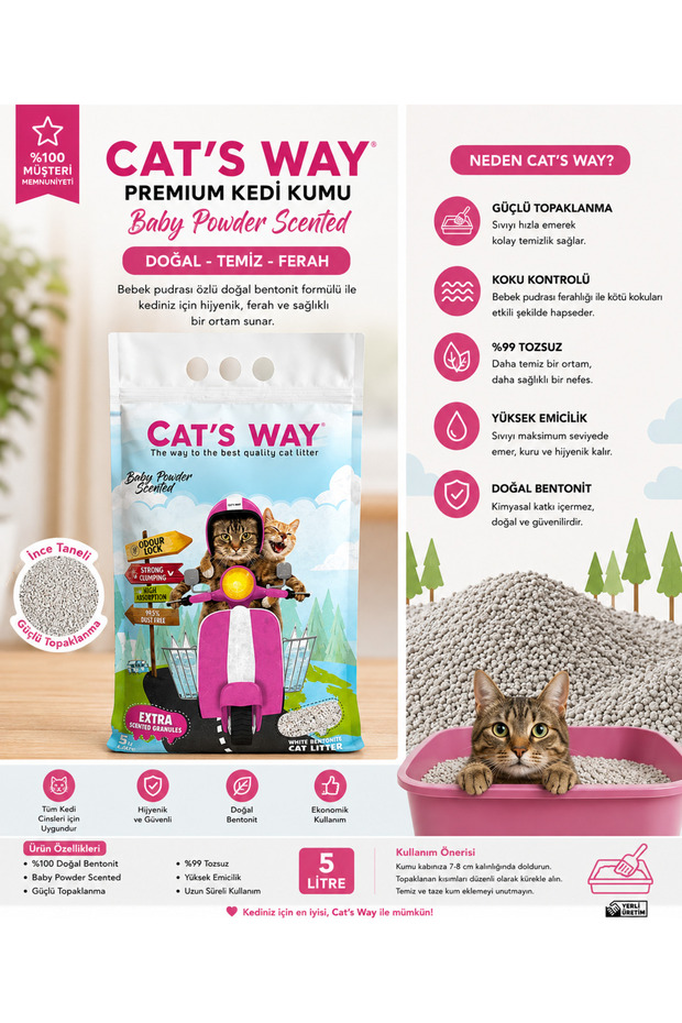 Cat's Way Bebek Pudrası Kokulu Tozsuz Topaklaşan Bentonit Kedi Kumu 5 LT
