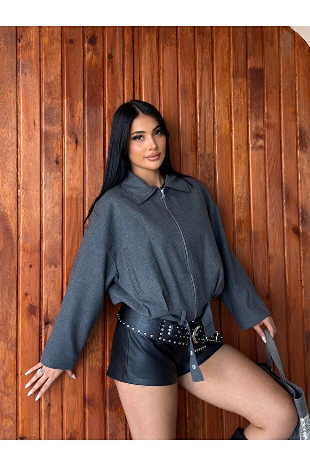 Women's Seasonal Woven Fabric Belt Detailed Bomber Jacket