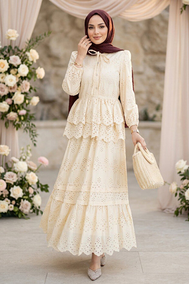 Layered Ruffle Detailed Brode Beige Hijab Set 50272Bej