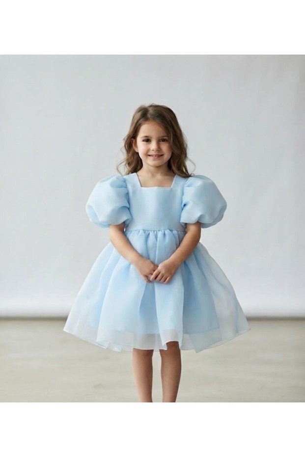 Blue Caroline Balloon Skirt Balloon Sleeves Ribbon Girls' Baby Girl Dress