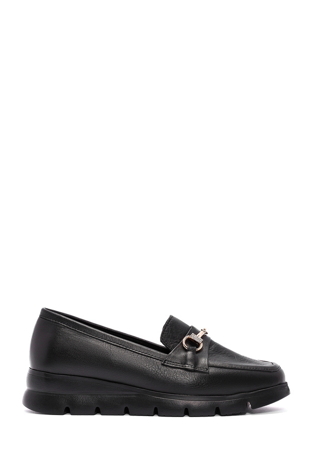 Women's Black Buckle Detailed Leather Comfort Loafer Af170003Dv