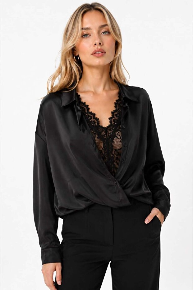 Women's Double Set with Lace Blouse Satin Shirt Blouse Black