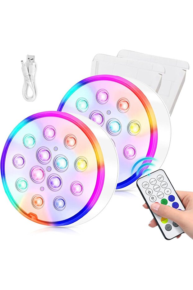 2-Pack Rechargeable IP68 Waterproof Submersible LED Lights, 16 RGB Colors, RF Remote & USB Timer for Pool, Spa & Aquarium