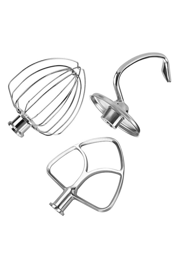 3-piece stainless steel accessory set for KitchenAid 4.5-5 quart mixer – includes whisk, paddle, and hook.