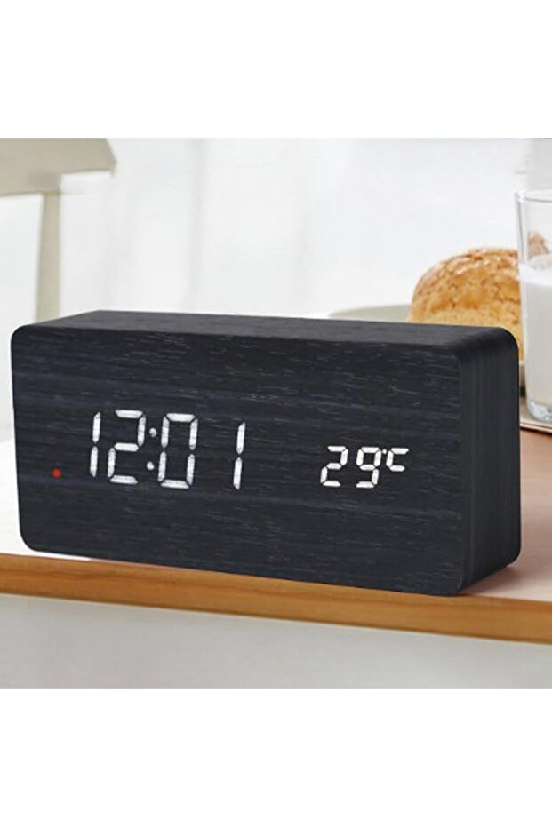 Wooden LED Alarm Clock Black Brown MDF PVC Temperature Humidity Display Auto Time Correction Brightness Bedside Decor 12/24H Weekend