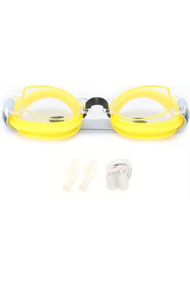 Children's swimming goggles, with adjustable earplugs and nose clip, yellow, complete swimming pool equipment.