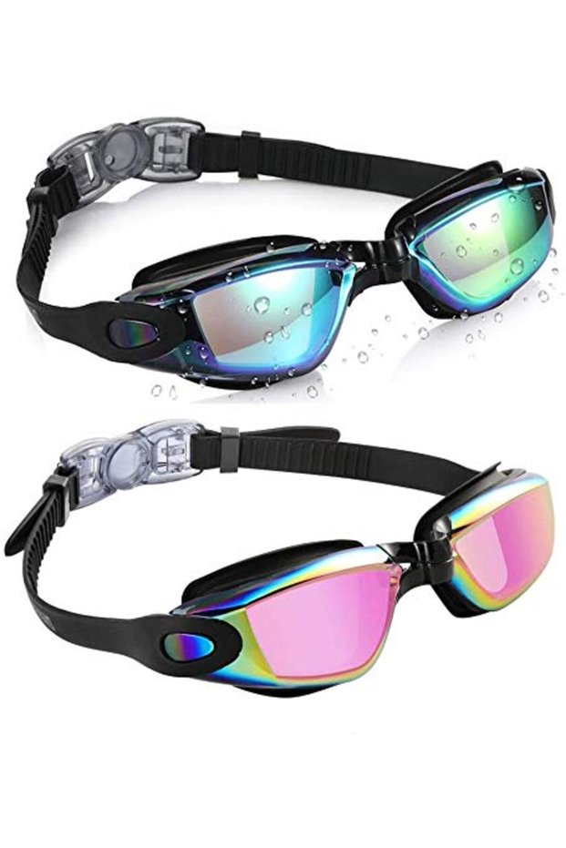 Swimming Goggles Leak-Proof Fog-Proof UV-Protective Triathlon Goggles Case Adults Men Women Teens Child Blue Rose