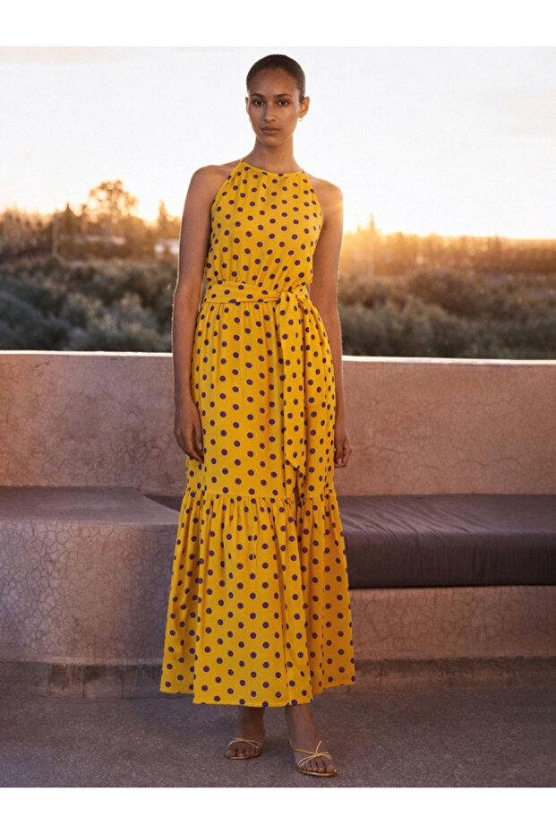 Yellow with Purple Polka Dot Sleeveless Tiered Maxi Dress