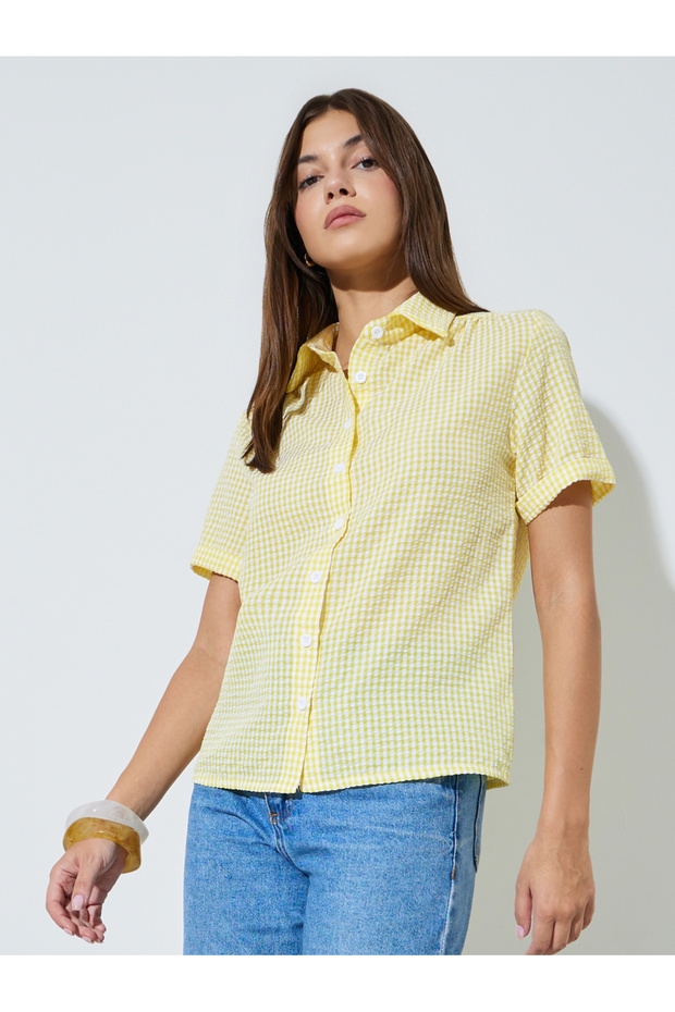 Yellow Checked Short Sleeves Regular Shirt