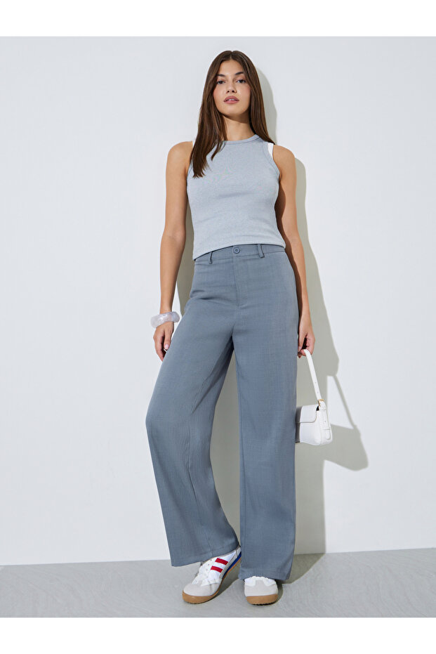 Grey Solid Wide Leg Casual Pants