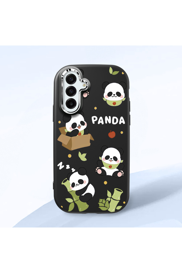 Samsung Galaxy A17 Compatible Case Camera Protective Black Silicone Couple Phone Case with Panda Pattern
