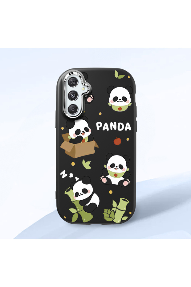 Samsung Galaxy M34 Compatible Case Camera Protective Black Silicone Couple Phone Case Panda Patterned