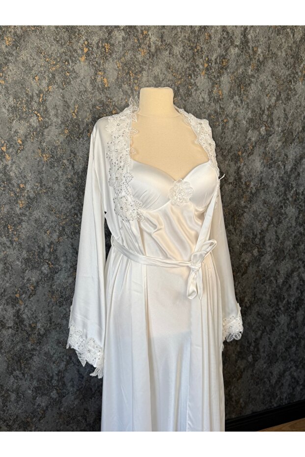 Boxed Set of 2 White Long Dressing Gowns with Rose Details