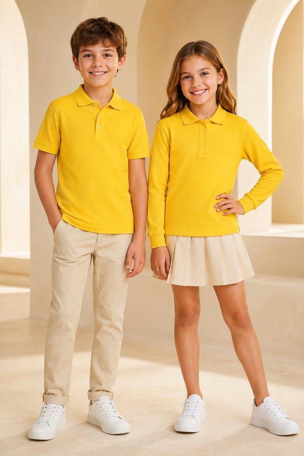 Children's Unisex Yellow 2-Piece Polo Collar T-Shirt Set Short Sleeve + Long Sleeve 100% Cotton Lakos Fabric