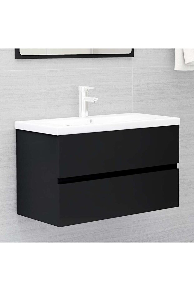 Sink Cabinet with Built-in Basin Black Engineered Wood