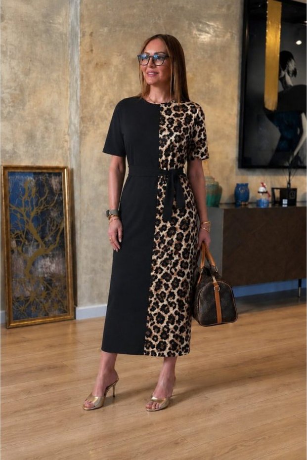 Women's Short Sleeve Crew Neck Long Viscose Dress with Leopard Detail on One Side