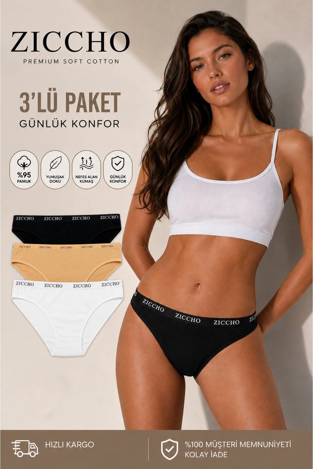 3-Piece Women's Cotton Bikini Panties Set with Flexible Waistband and Elastic Daily Underwear