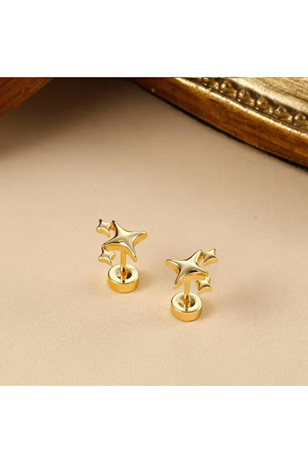 Gold-color A pair of flat screw stud earrings, small star-shaped stud earrings, spiral cartilage per