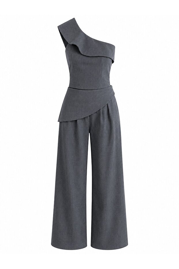 Gray Design Collared Blouse and Pants Set - Tk8003