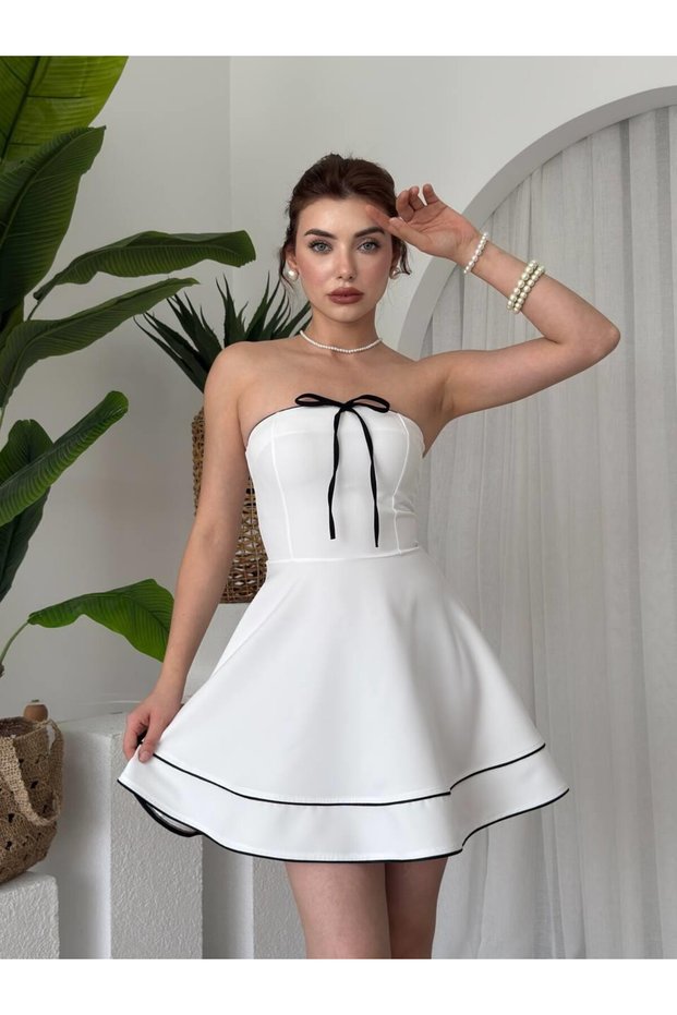 Women's White Strapless Mini Dress with Bow Detail and Contrast Piping Flared Cut