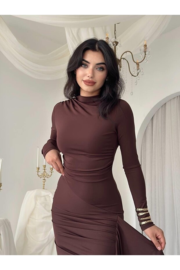 Women's Coffee Color Long Sleeve Draped High Collar Slit Detailed Long Dress