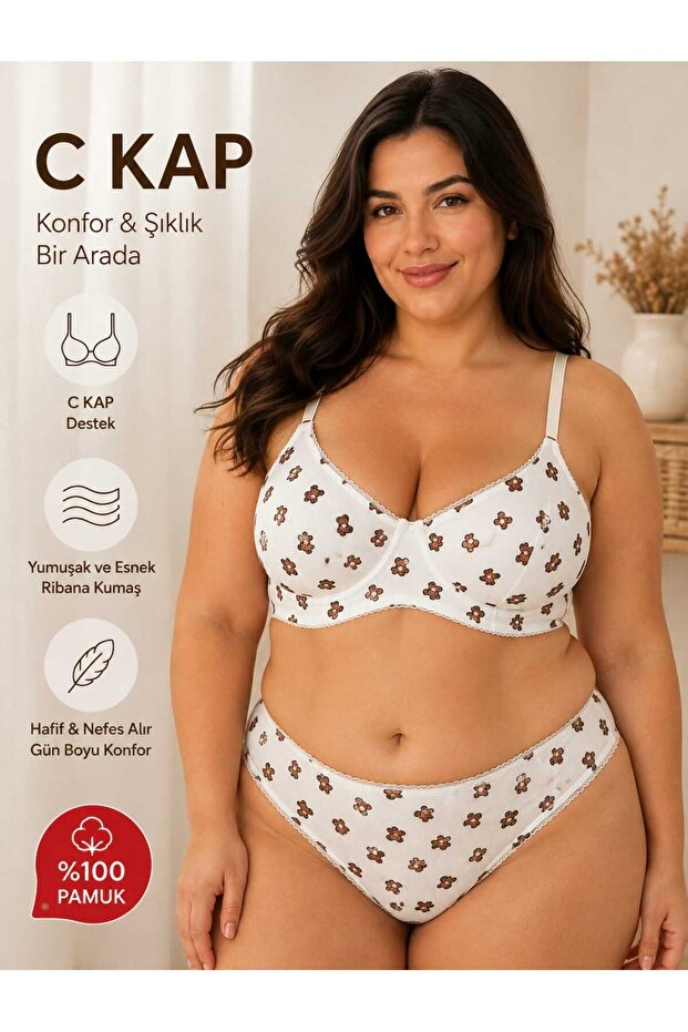 Women's C Cup Supported Gathering Cotton Bra and Panties Set 100% Cotton Ribbed