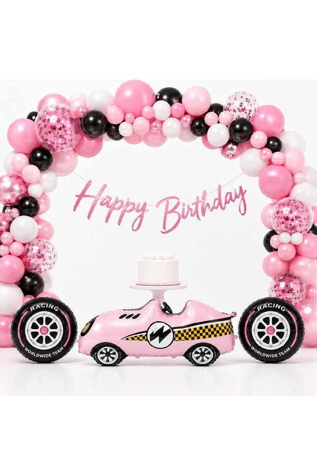 Pink Racing Party Girls Birthday Decoration Set - Pink Race Car Foil Balloon, Happy Birthday Banner, Racing Themed Party Supplies