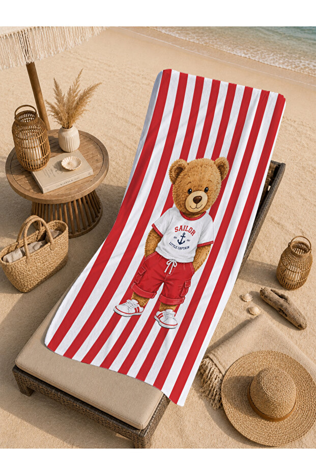 Fairy Tale Rainbow Girl and Teddy Bear Patterned 70X150 Beach Towel - Digital Printed Fade-Resistant Bath Towel