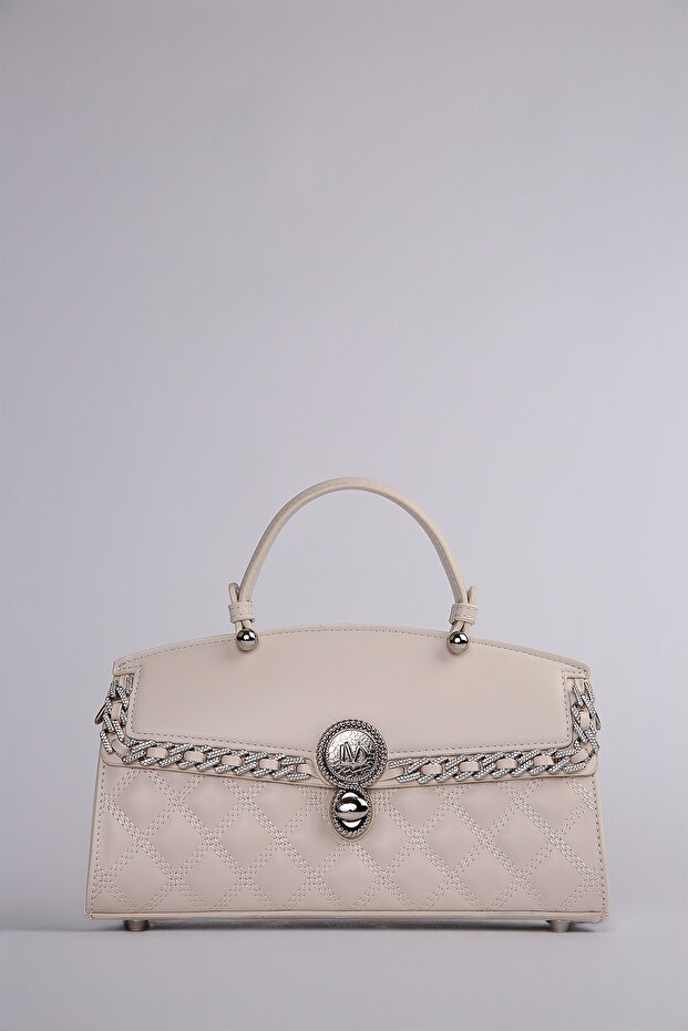 Quilted Embroidered Stone Detailed Women's Stylish Handbag Cream