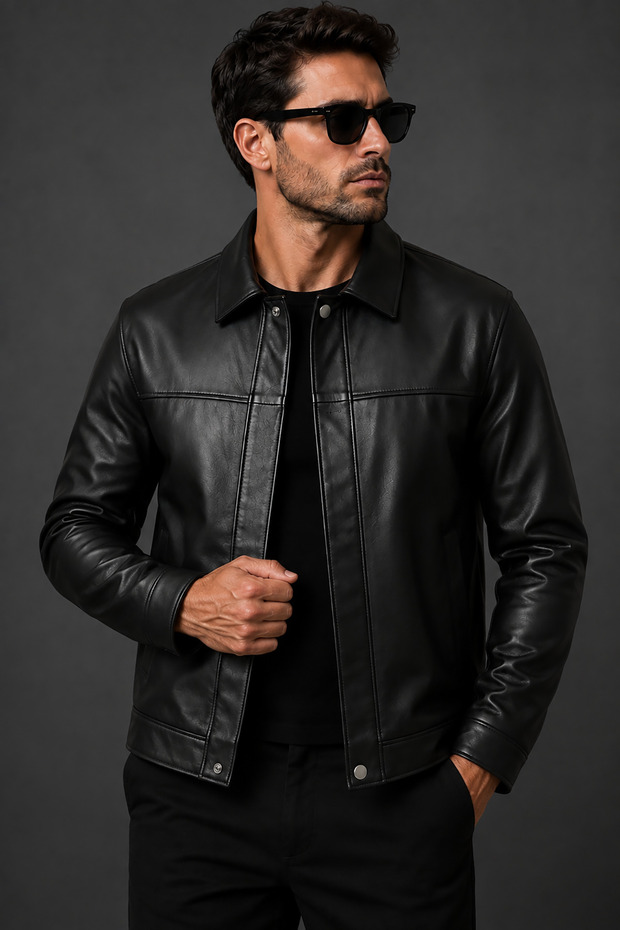 Men's Black Leather Jacket Classic Collar Regular Fit Premium Leather Jacket