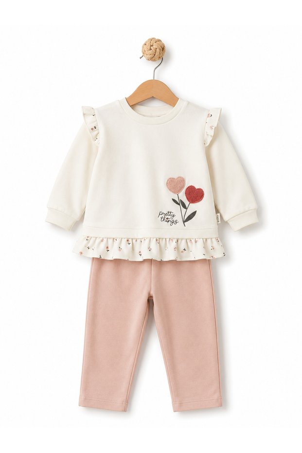 100% Organic Cotton Baby Girl Top and Bottom Set with Floral Embroidery and Ruffle Detail, 2-Piece Set