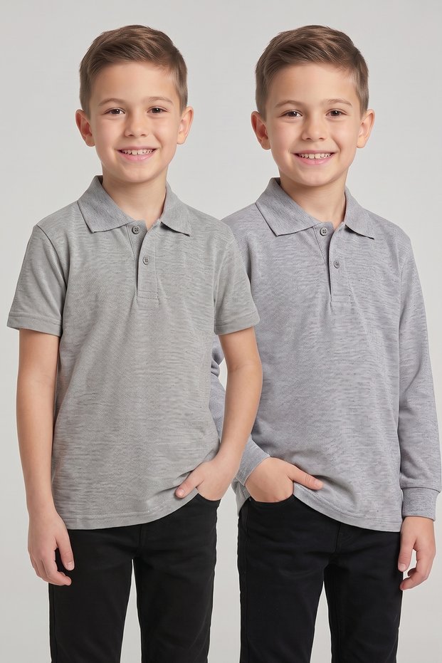 Children's Gray 2-Piece Polo Collar Short Sleeve and Long Sleeve School T-Shirt Set