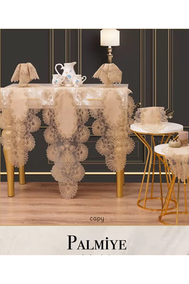 Living Room Set Dowry Set Palmiye Model Cappuccino Linen Runner Set 5 Pieces