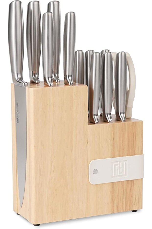 Knife Set, Sharp Chef Knife Set with Solid Wood Block, Unique One-Sided Magnetic Design (7PCS, silve