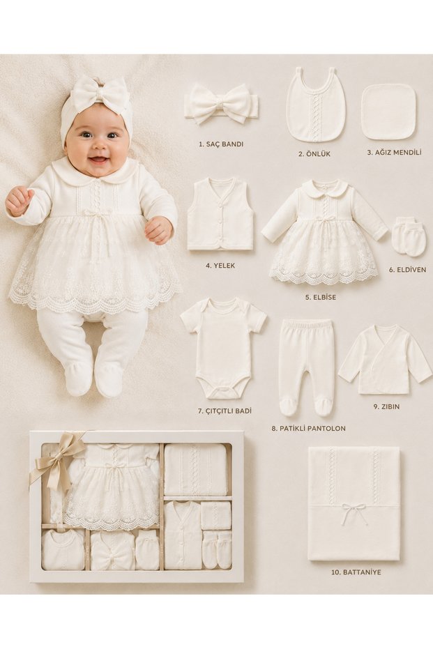 100% Cotton Baby Girl Hospital Discharge Set of 10 | Newborn Baby Set | Dressed Baby Clothing and Dowry Set
