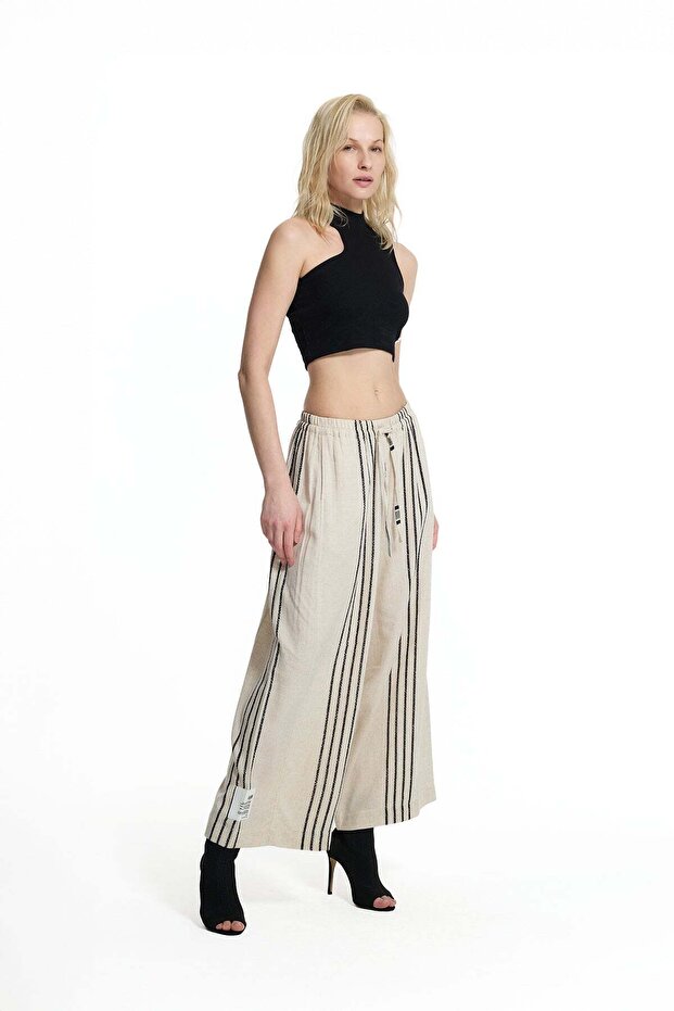 Beige Black Striped Linen Blend Wide Leg Trousers 19178