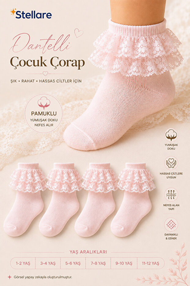 Girl's soft lace trimmed ankle socks 4-pair pack – comfortable seamless toe socks