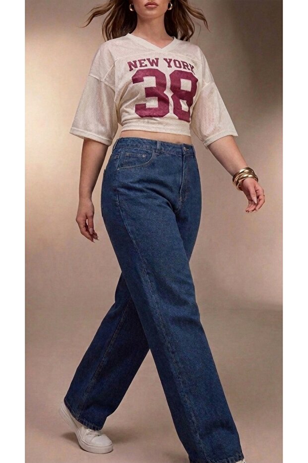 Dark Blue Jeans Trousers Oversized Size Elastic Waist